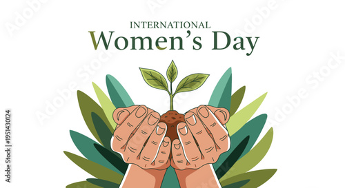 International Womens Day Illustration with Hands Holding Plant.