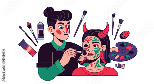 Artist Applying Colorful Makeup to Model.