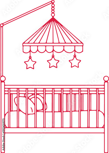 A charming nursery crib with decorative canopy and hanging star ornaments.