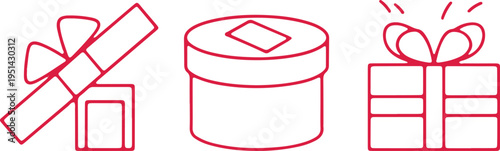Scissors cutting tape, container with lid, and wrapped gift box illustration