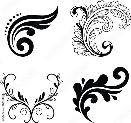 Elegant black and white ornamental flourish designs featuring intricate scrollwork and leaf motifs