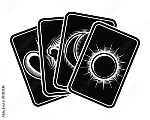Abstract graphic representation of four tarot cards with celestial and heart symbols on black backgrounds