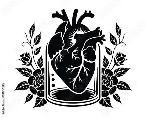 Stylized anatomical heart illustration with roses and leaves in a glass isolated on transparent background