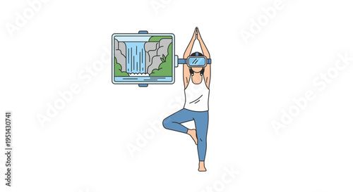 Woman practicing yoga tree pose wearing VR headset experiencing virtual waterfall meditation and mindfulness