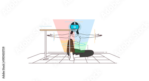 Young woman wearing VR headset doing yoga or exercise in a virtual reality environment with digital graphics
