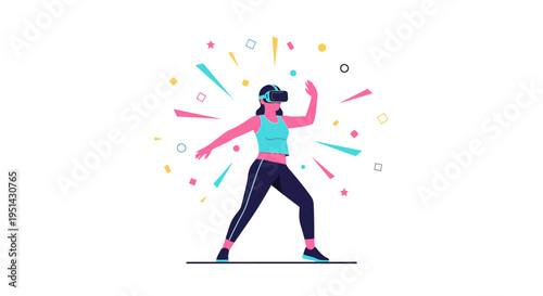 Woman wearing VR headset dancing and exercising in a virtual reality world with colorful abstract shapes bursting around her