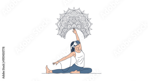 Woman practicing yoga with VR headset, meditating with mandala overlay, symbolizing virtual reality and mindfulness