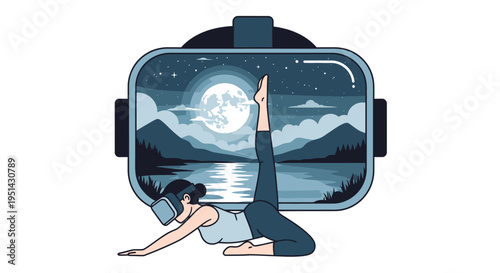 Woman practicing yoga in virtual reality, immersed in a serene moonlit landscape scene