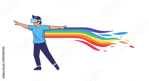 Man wearing VR headset experiencing a colorful digital world, reaching out with rainbow stream
