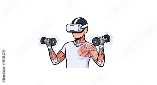 Man exercising with dumbbells wearing a VR headset, showing muscles, futuristic fitness concept