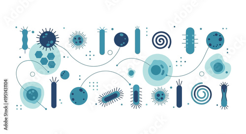 Microscopic Organisms: Bacteria, Viruses, Cells, and Microbes in Blue Tones