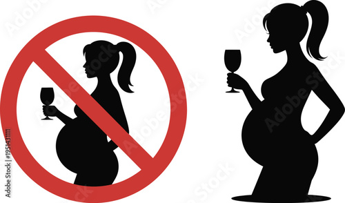 Pregnant woman avoiding alcohol with wine glass prohibition symbol
