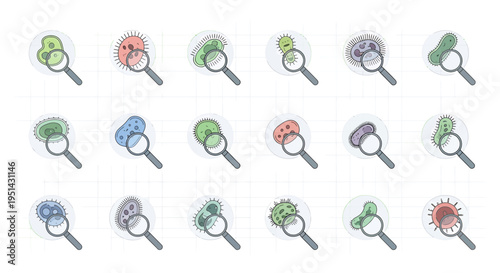 Microscopic Organisms Under Magnifying Glass: Diverse Bacteria, Viruses, and Cells
