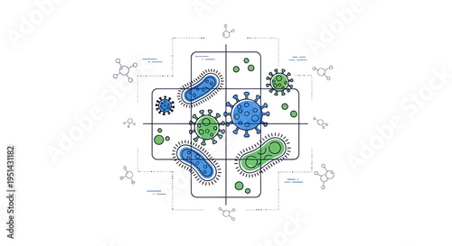 Microscopic Viruses and Bacteria in Medical Cross Symbol, Scientific Research Concept