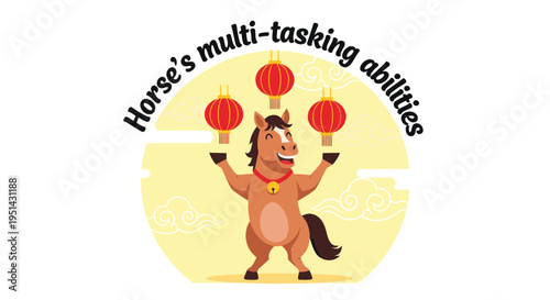 Cartoon Horse Juggling Lanterns Multitasking Ability.