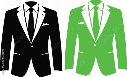 Formal suits in classic black and bold green colors displayed side by side