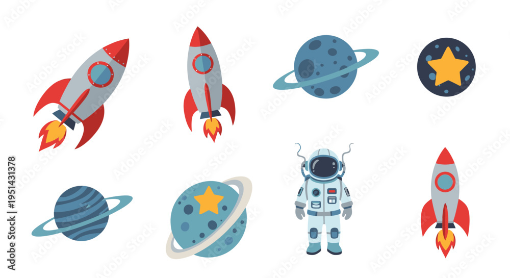 Fototapeta premium Colorful Space Elements and Astronaut Illustration.