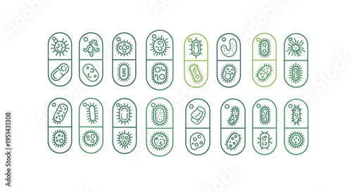 Set of Icons with Microorganisms and Bacteria in Capsules
