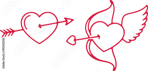 Cupid and angelic love symbols with arrows piercing hearts