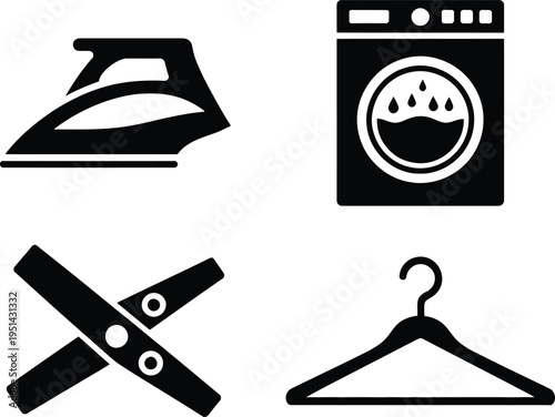 Essential laundry and ironing tools depicted in black and white icons