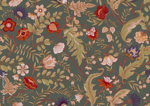 Ornate floral seamless pattern. Elegant hand-drawn botanical motif with intricate repeating layout for textile, wallpaper and decor, classic flowers and foliage create a refined vintage background.