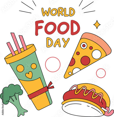Colorful World Food Day Illustration with Hamburger, Pizza, Sushi, and More.