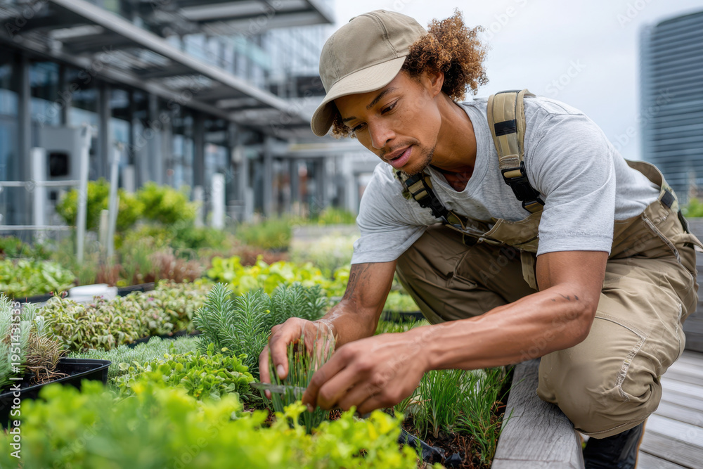 Fototapeta premium Rooftop gardener tending to fresh herbs and vegetables on a cloudy day in the city