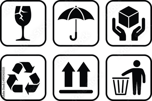 Six icons representing various themes of waste management and delivery services