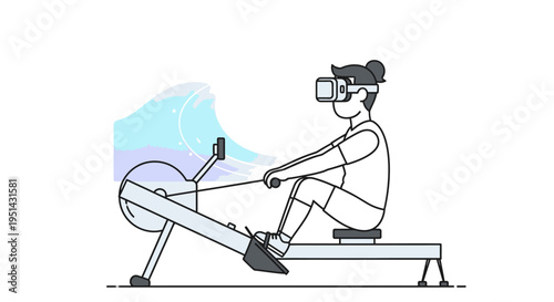 Person in VR headset rowing on an exercise machine, experiencing a virtual water environment. Concept of immersive fitness, modern technology, and digital workout.