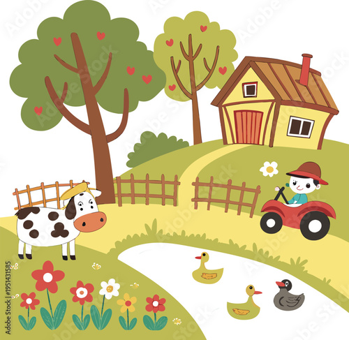 Colorful Farm Life Illustration with Animals, Tractor, Barn, and Pond.