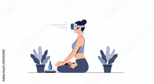 Woman meditating in virtual reality headset, embracing digital wellness and futuristic mindfulness practices at home, finding inner peace in a simulated environment.