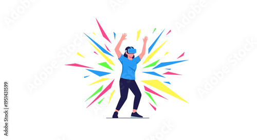 Excited person experiencing virtual reality with a VR headset, surrounded by a burst of colorful abstract shapes, symbolizing immersive digital world and future technology.