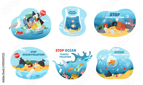 Ocean pollution scenes with trash and marine life in cartoon style on a white background, concept of environmental protection. Vector illustration