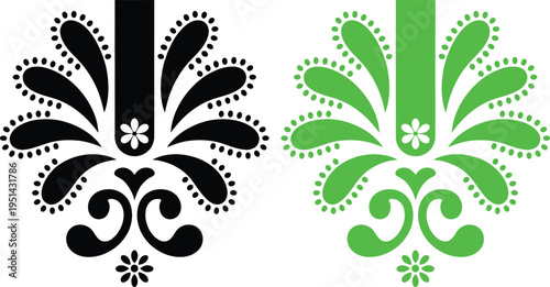 Contrast of elegant black and white floral design with its vibrant green counterpart