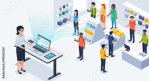 People interact in a modern retail store with digital screens and displays