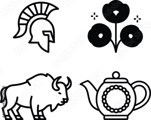 Four distinctive symbols: helmet, clover, bison, and ornate teapot illustration