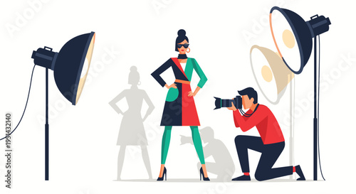 Fashion Photographer Taking Picture of Model Studio.