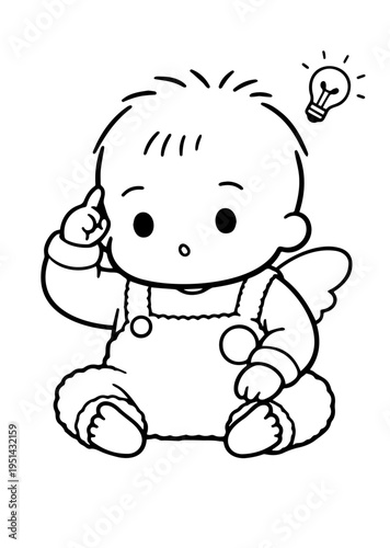 Cute thinking baby with idea light bulb, angel child illustration, thinking and problem solving concept, monochrome