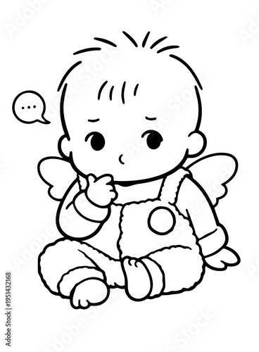 Thinking baby angel sitting, cute child pondering illustration, simple line art