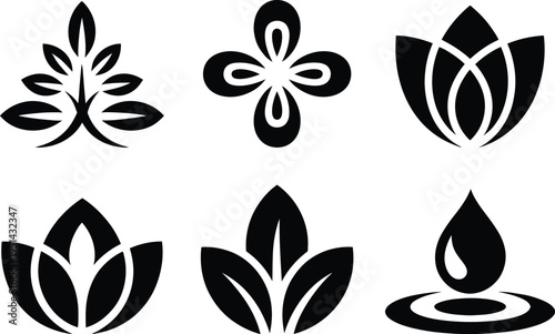 Six stylized black and white botanical and flame icons in minimalist design