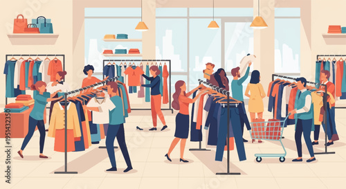 People shopping in a busy clothing store with racks of clothes and large windows