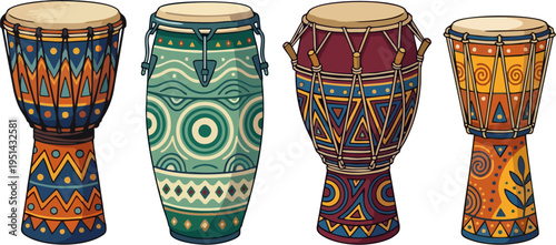 African Tribal Drum Collection - Flat Vector Illustration Set of Four Colorful Djembe and Conga Drums with Traditional Ethnic Geometric Patterns and Ornaments