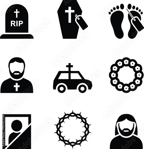 Collection of icons representing themes related to death, burial, and mourning traditions