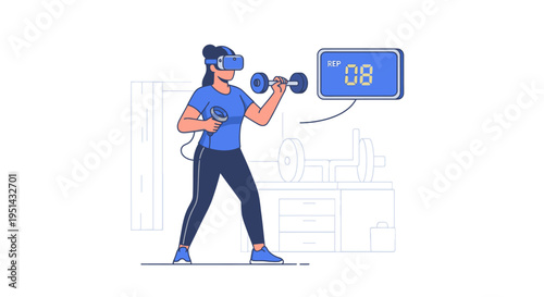 Woman exercising with virtual reality headset and dumbbells, futuristic fitness concept
