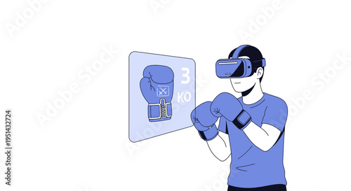 Man wearing VR headset and boxing gloves plays a virtual reality boxing game, futuristic sport simulation