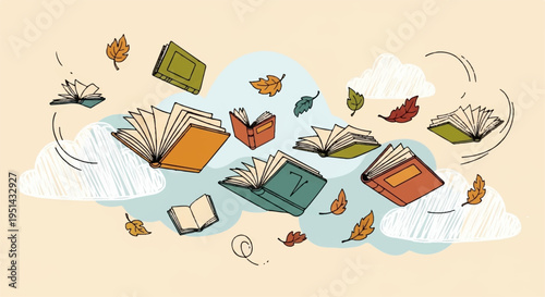 Books and leaves floating in air with clouds symbolizing reading and knowledge on a soft background