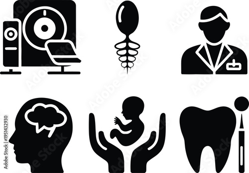 Icons representing various fields of modern medical and healthcare services