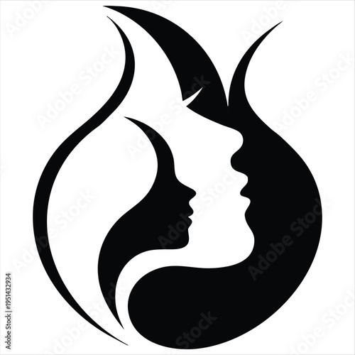 Abstract profile silhouettes of mother and child in flame shape, symbolizing love and connection.
