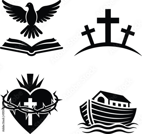 Four iconic symbols representing key elements of christian faith and biblical narratives