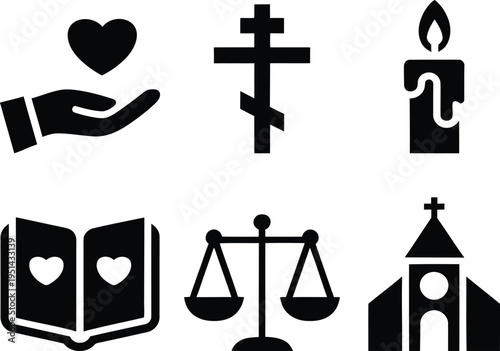 Six iconic symbols representing love, faith, knowledge, justice, and spirituality